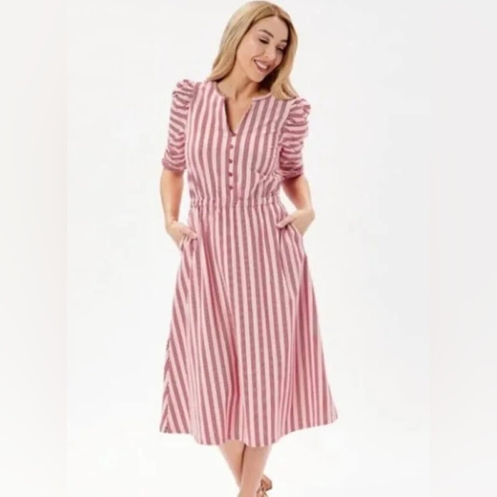 Matilda Jane Dress Women M Red Pink Striped Puff Sleeve Button Front Midi Pocket